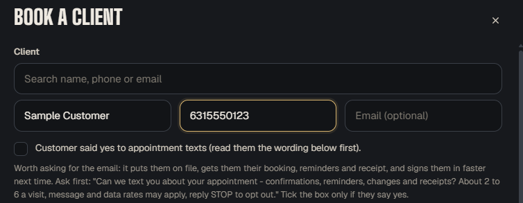 NY Styles front desk Book a client screen: an unticked checkbox reading Customer said yes to appointment texts, with the consent script the barber reads aloud printed under it