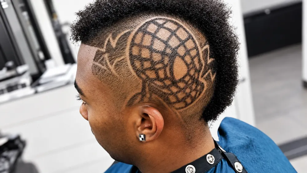 Detailed freehand hair design carved into the side of a client's head at NY Styles Barbershop in Medford, NY