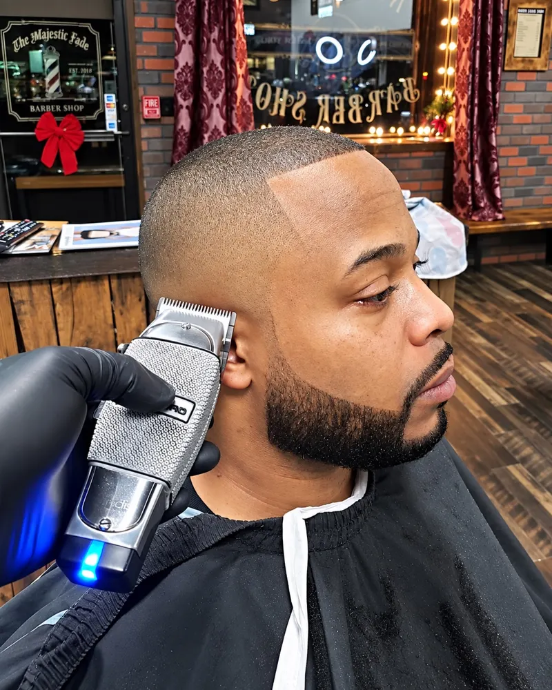 Barber blending a skin fade and lining up a full beard at NY Styles Barbershop, Medford NY
