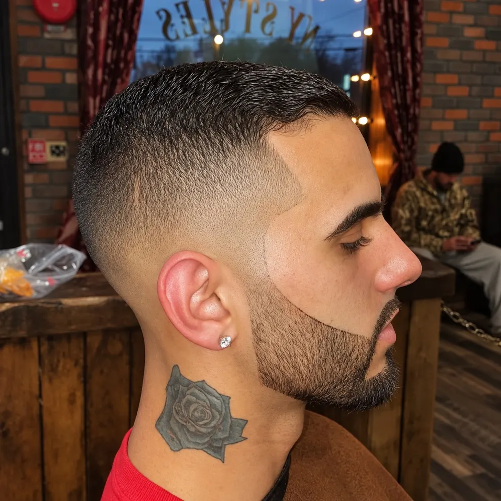 Low taper fade with a sharp beard line on a client at NY Styles Barbershop in Medford, NY